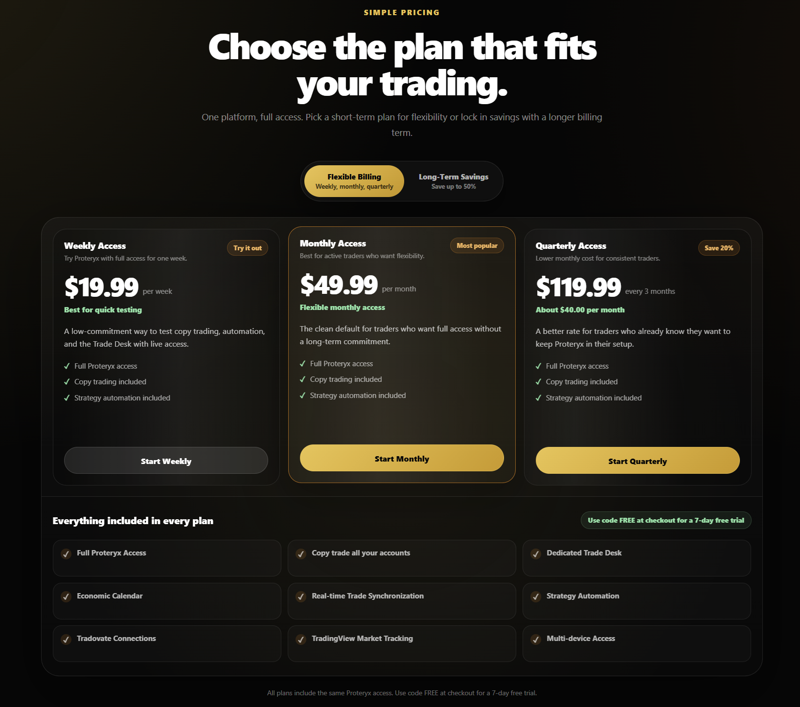 Proteryx pricing page preview showing simple pricing plans, full platform access, copy trading, TradingView automation, and Trade Desk tools