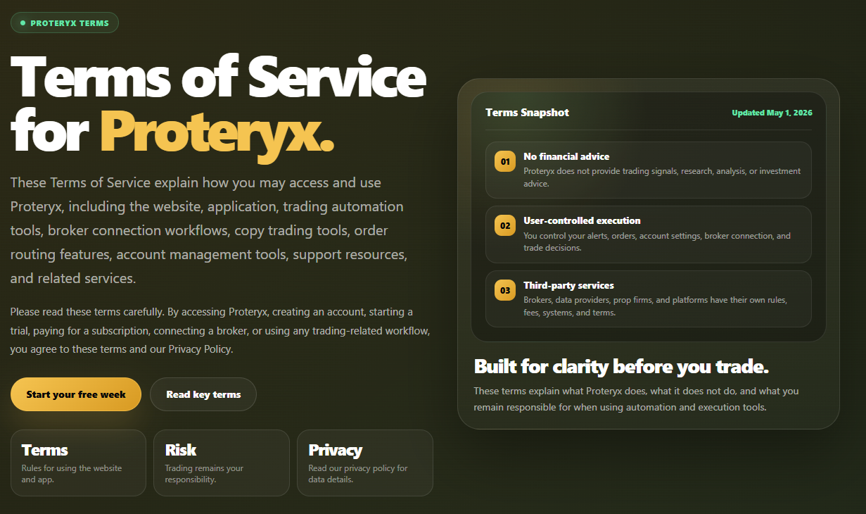 Proteryx Terms of Service page preview for website use, app access, subscriptions, broker connections, trading automation, copy trading, and order routing